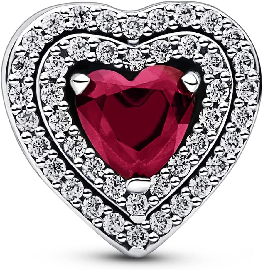 PANDORA Sparkling Red Leveled Heart Charm - Compatible with PANDORA Moments - Stunning Women's Jewelry - Made with Sterling Silver & Man-Made Crystal