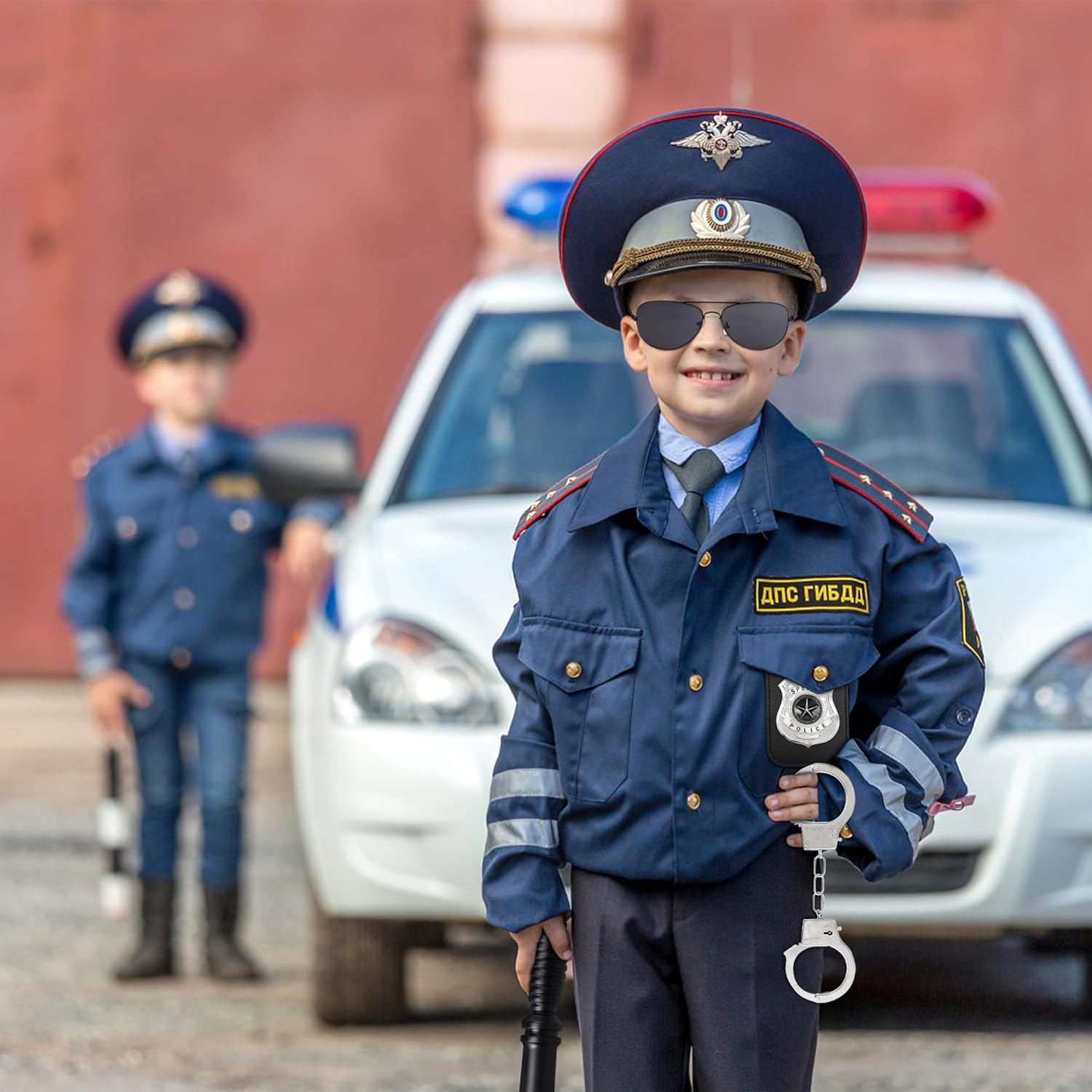 6PCS Police Costume Accessories for Girls Boys with Walkie Talkies Handcuffs Badge Eyeglasses Baton Whistle (Black) - Image 5