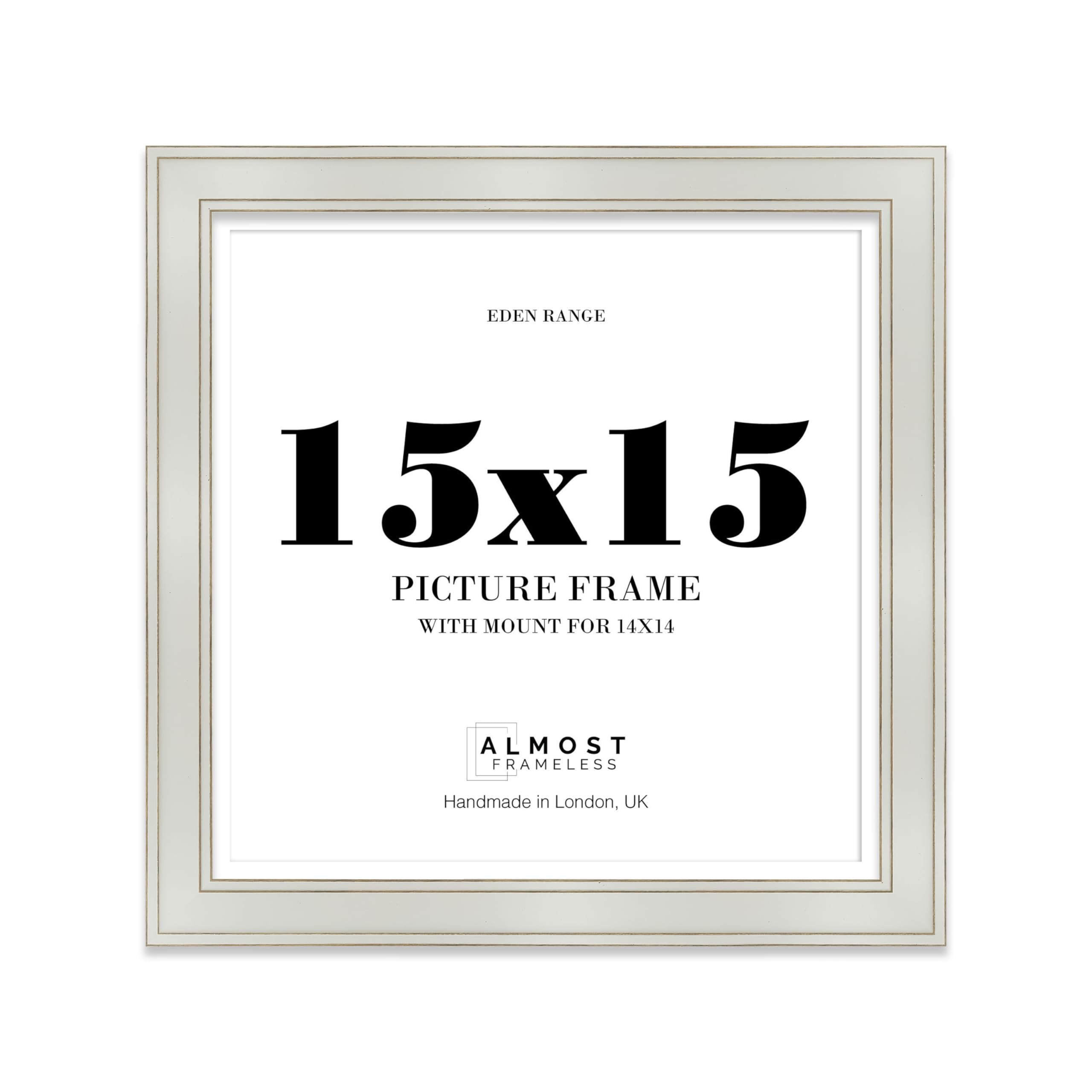 15x15" Light Grey Square Picture Frame with 14x14" Mount - Shabby Chic Photo Frame with Distressed Finish, Gold Trim, Wall Hooks, 37mm Edge - 1 Pack