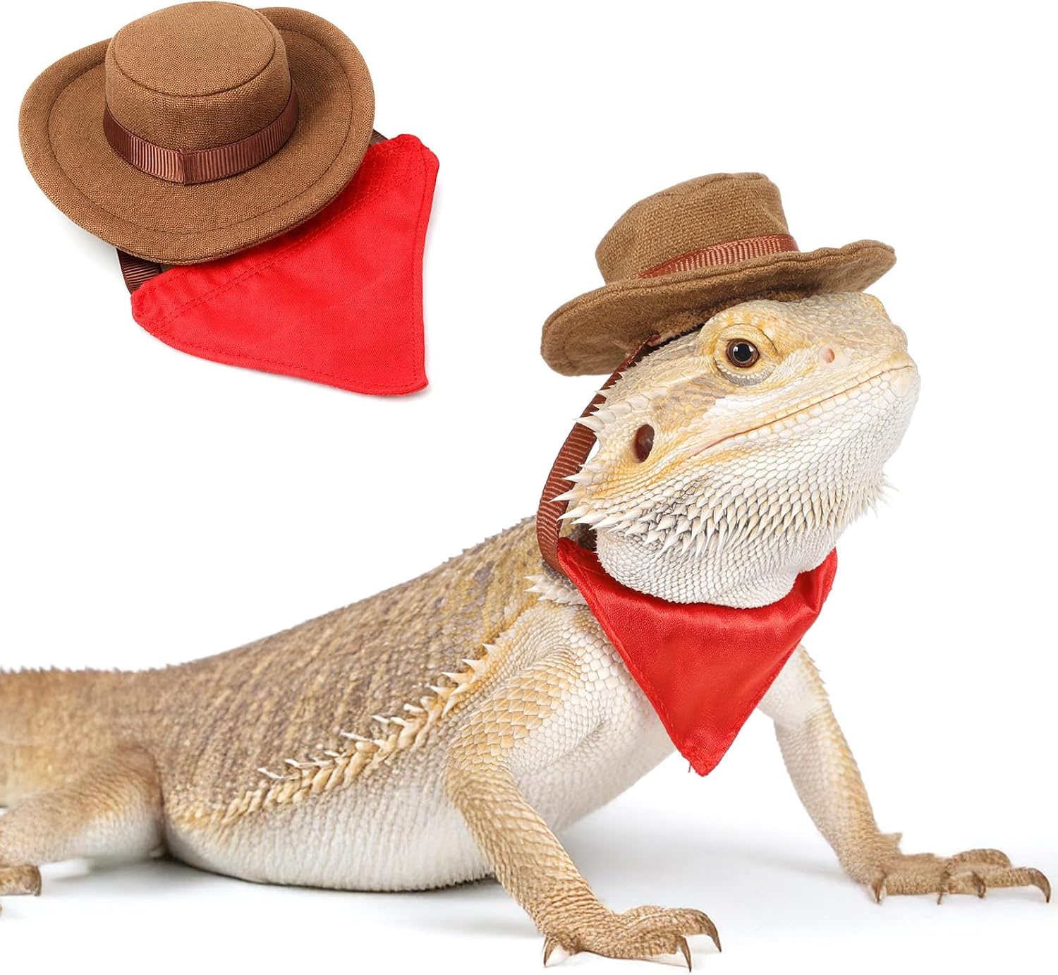2Pcs Bearded Dragon Hat and Bandana Set Adjustable Lizard Cowboy Hat and Red Bandana Scarf Bearded Dragon Outfits Halloween Costume Photo Props for Small Animal Reptile Lizard Gecko Outfits (Brown)
