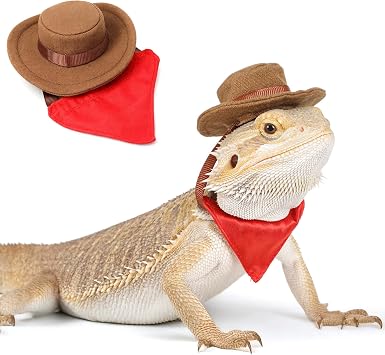 2Pcs Bearded Dragon Hat and Bandana Set Adjustable Lizard Cowboy Hat and Red Bandana Scarf Bearded Dragon Outfits Halloween Costume Photo Props for Small Animal Reptile Lizard Gecko Outfits Brown