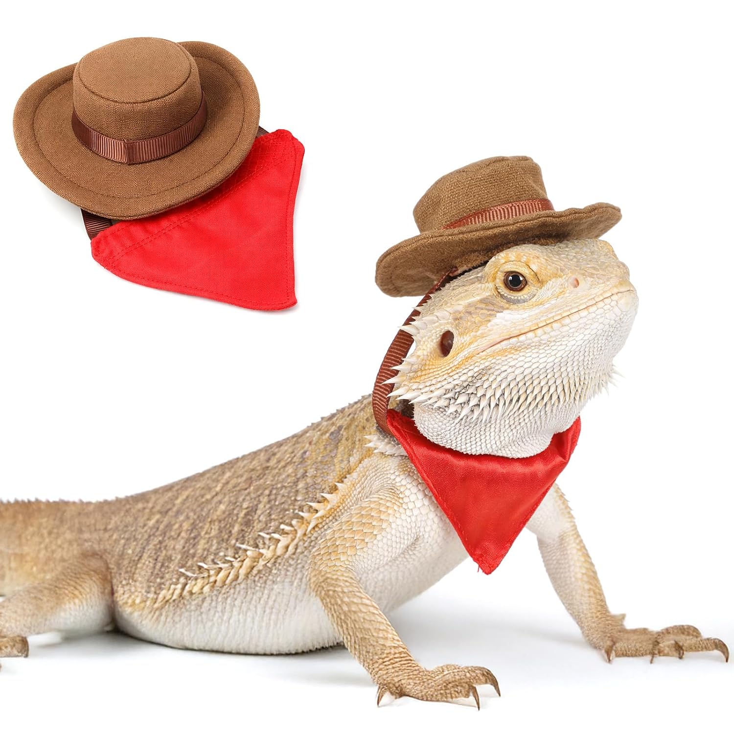 2Pcs Bearded Dragon Hat and Bandana Set Adjustable Lizard Cowboy Hat and Red Bandana Scarf Bearded Dragon Outfits Halloween Costume Photo Props for Small Animal Reptile Lizard...