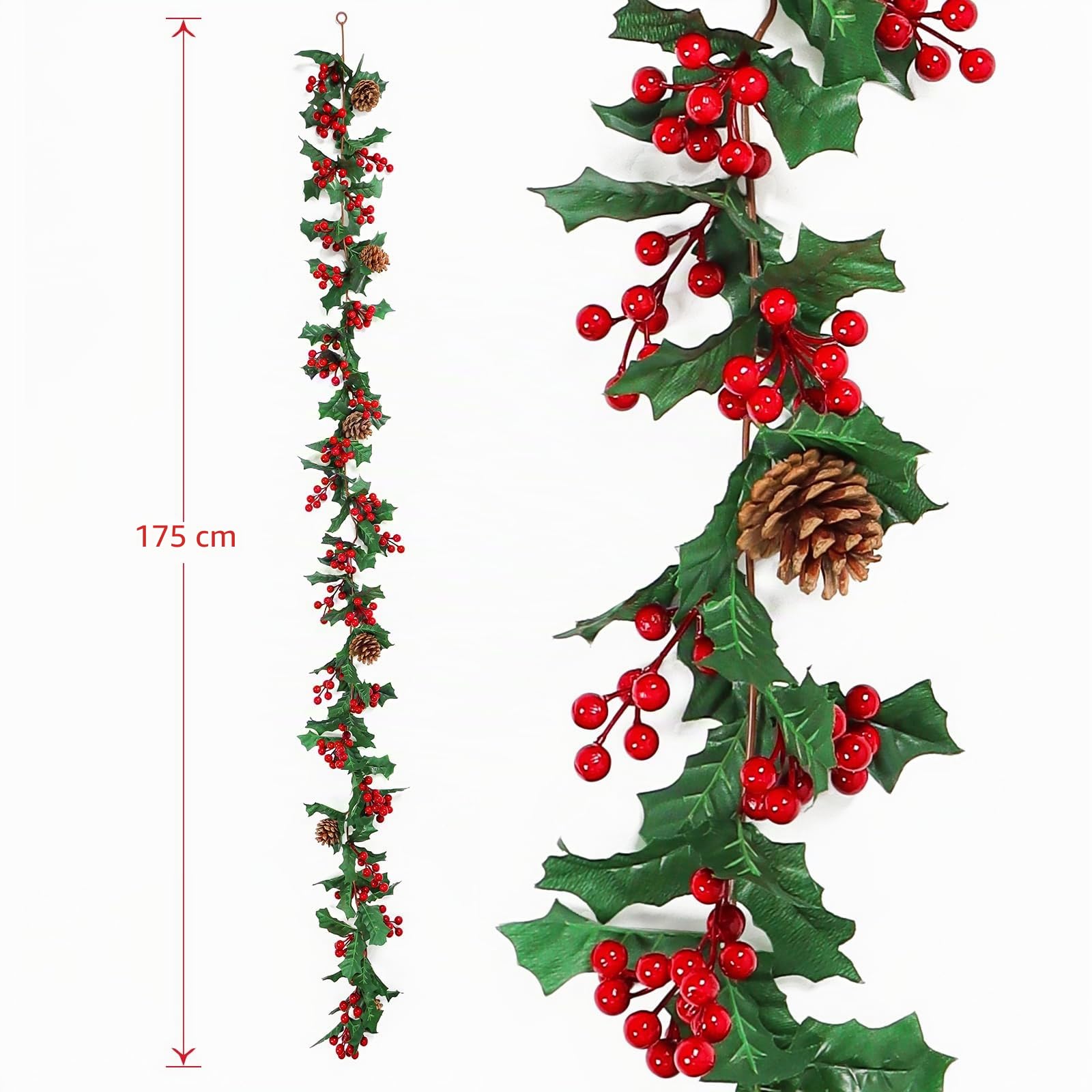 Dremisland Guirnalda De Navidad 1.75m Guirnalda Navideña con Bayas Rojas y Piñas De Pino Vides Rojas Decoración Navideña Ghirlanda Navidad para Escaleras y Chimeneas Navideñas