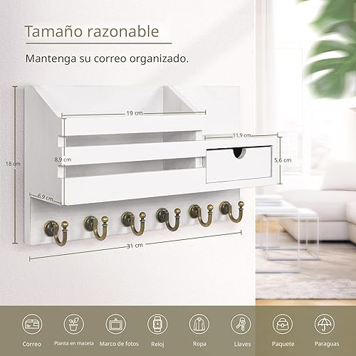 Miniatura 2 de FifthQuarter Soporte para llaves y correo para pared, organizador de correo con 6 ganchos y cajón de almacenamiento, estante de llaves de fácil
