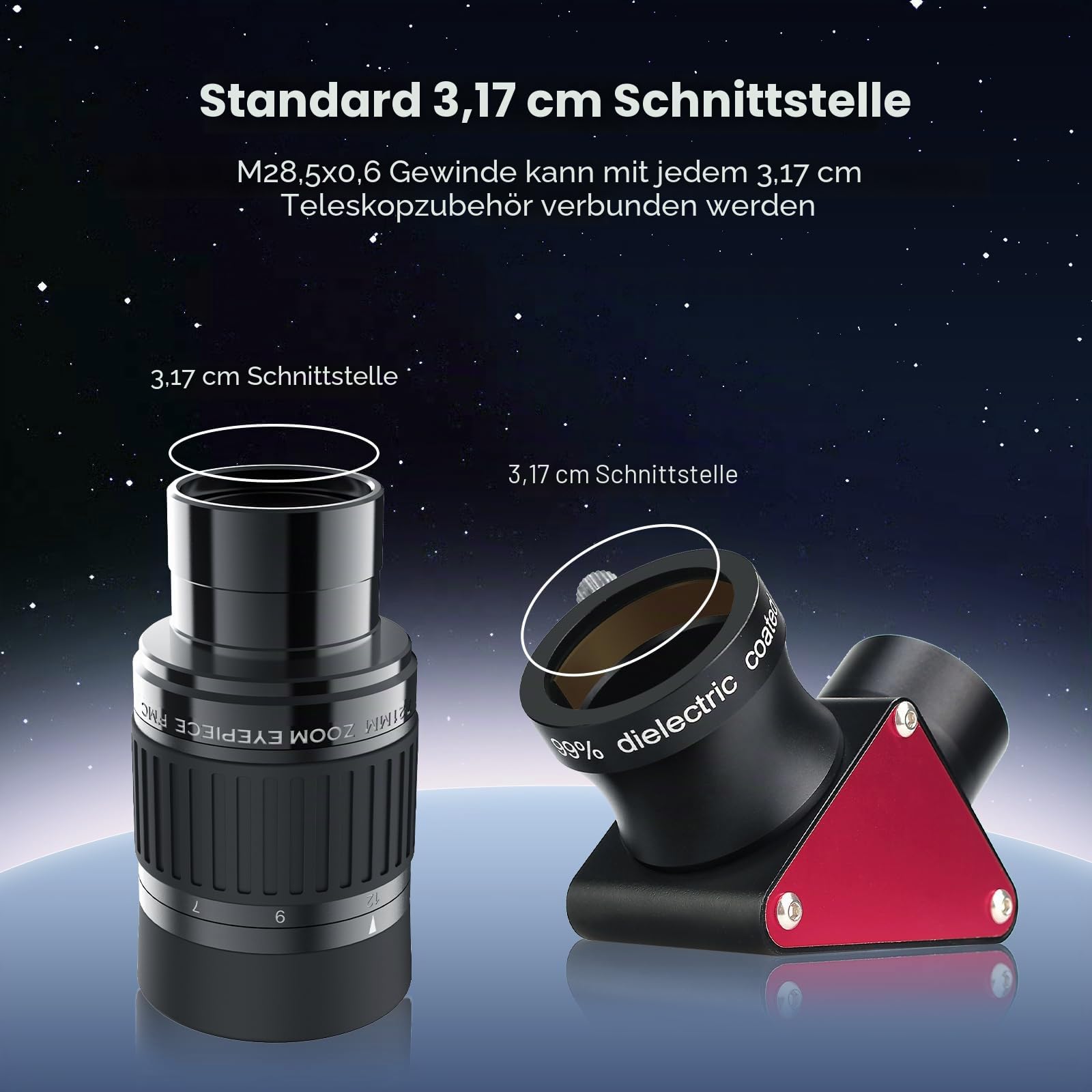 Svbony SV135 Teleskop Okulare Zoom, 1,25'' 7-21mm Teleskop Okular, 57~40° Sichtfeld FMC-Beschichtung, mit SV188P Zenitspiegel für Planet Moon Nebel und Cluster Astronomische Visuelle Beobachtung