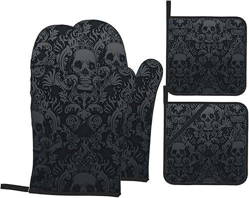 Miniatura 1 de NELife Juego de 4 guantes de horno y agarraderas de damasco con calavera negra gótica victoriana, almohadillas calientes resistentes con guantes de