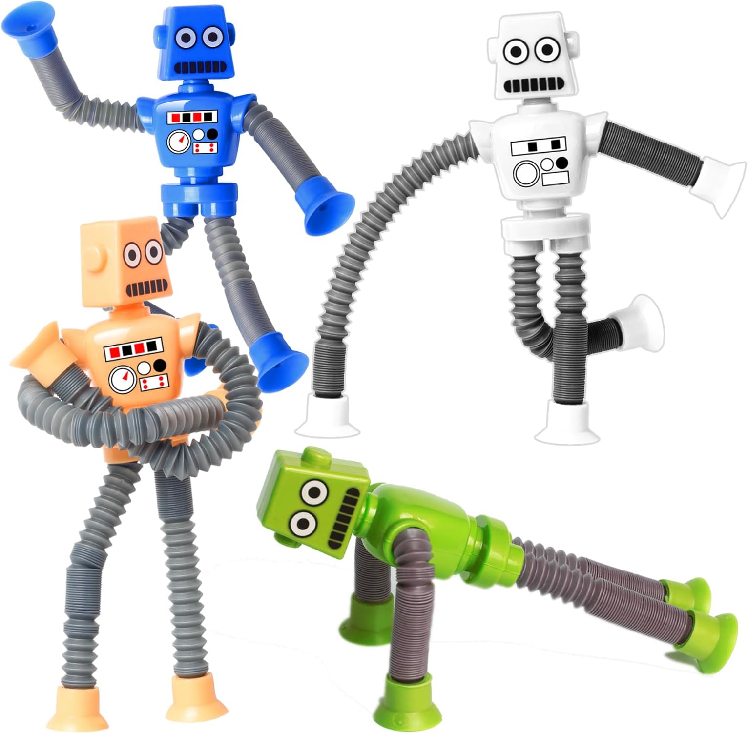4PCS Telescopic Robot Suction Cup Toy, Easter Day Gift for Kid Toddlers Boy Year Old Age 3 4 5 6 7 8, Shape Changing Tube Fidget Toys, Autistic Easter Basket Stocking Stuffer for Kids