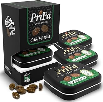 PriFa Coffee Tablets, Cardamom Pocket - Unsweetened Real Absorbable Lozenge Candy - Natural Sugar Free Instant Energy Pouches, Caffeine Mints for Keto (Cardamom, 4 Packs)