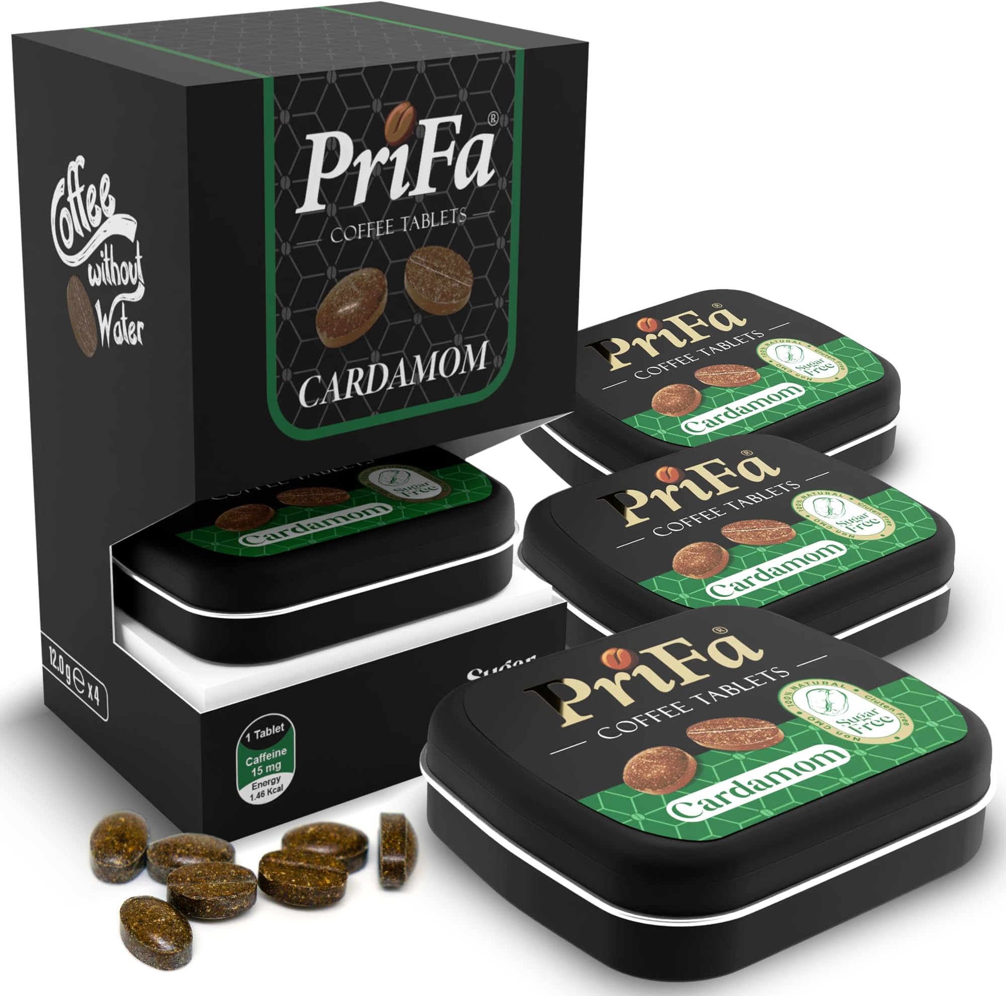 PriFa Coffee Tablets, Cardamom Pocket - Unsweetened Real Absorbable Lozenge Candy - Natural Sugar Free Instant Energy Pouches, Caffeine Mints for Keto (Cardamom, 4 Packs)