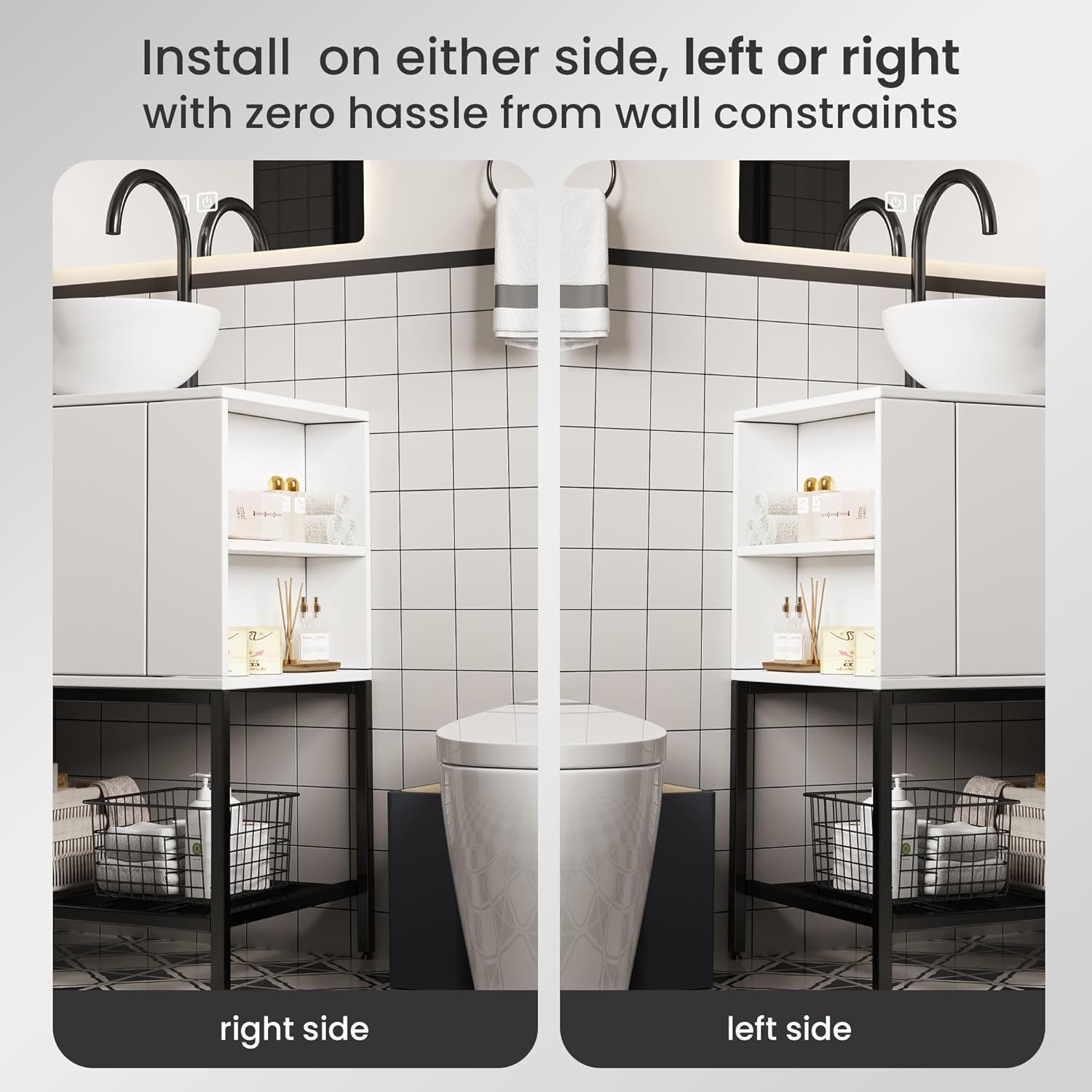 Modern Bathroom Vanity with Ceramic Vessel Sink - White Multi-Layer Wood Storage Cabinet on Sturdy Black Steel Base, 24-Inch Sleek Minimalist Floor-Standing Design, Easy Assembly