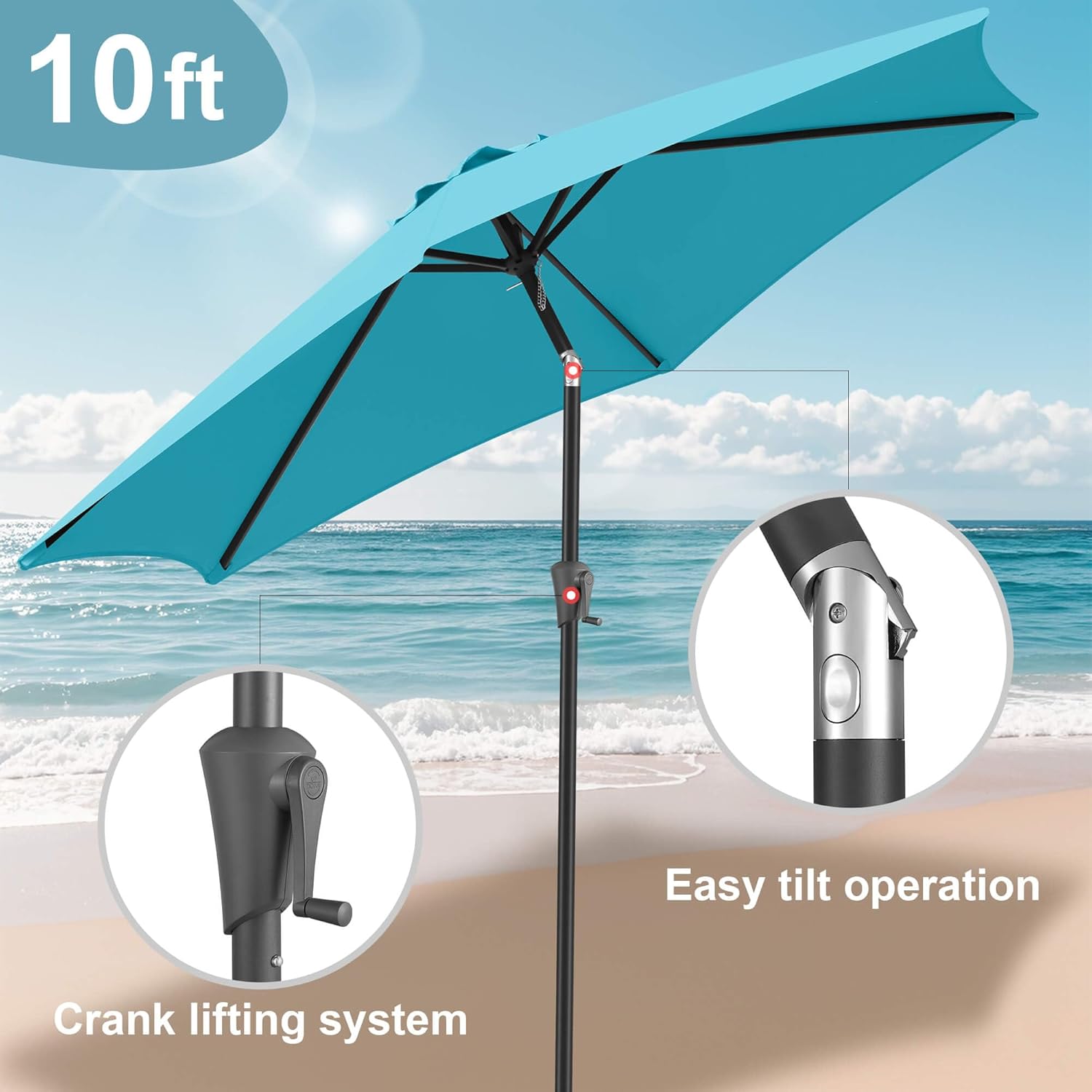 FLAME&SHADE 10ft Patio Umbrella - Outdoor Umbrella with 6 Sturdy Ribs, Push Button Tilt and Crank, UV Protection Table Market Umbrella for Pool, Porch, Garden, Deck, Backyard (Aqua Blue)