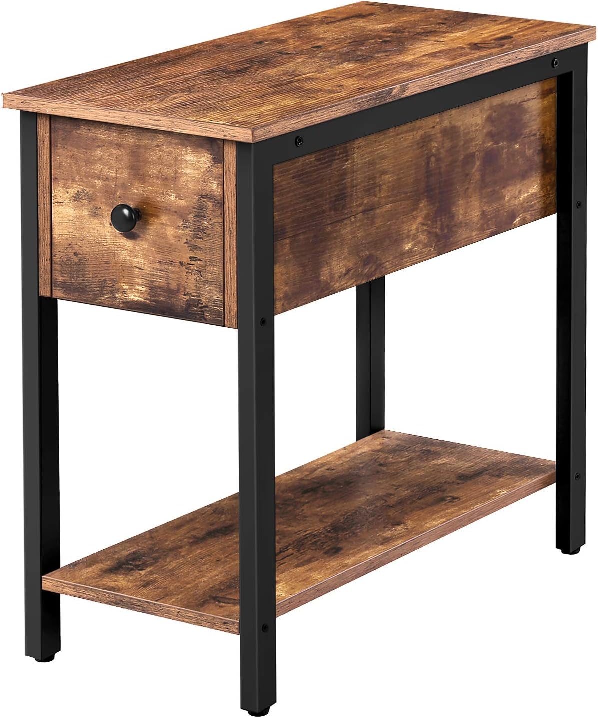 HOOBRO Side Table, 2-Tier Nightstand with Drawer, Narrow End Table for Small Spaces, Stable and Sturdy Construction, Wood Look Accent Furniture with Metal Frame, Rustic Brown and Black BF04BZ01
