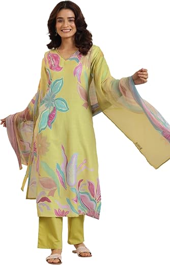 Libas Printed Cotton Blend Straight Kurta With Trouser and Dupatta