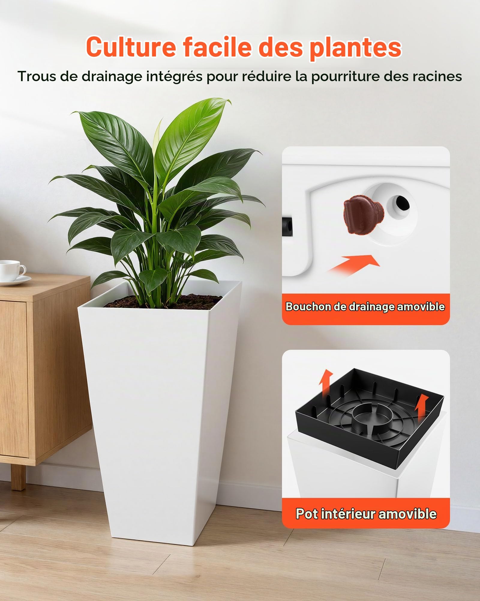 VEVOR Jardinière Haute Lot de 2 Pot de Fleur Haut 66,5 cm pour Plantes Intérieur Extérieur Entrée Terrasse Jardin, avec Trous Drainage, roulettes, Style Moderne Plastique, Forme Carrée Conique, Blanc