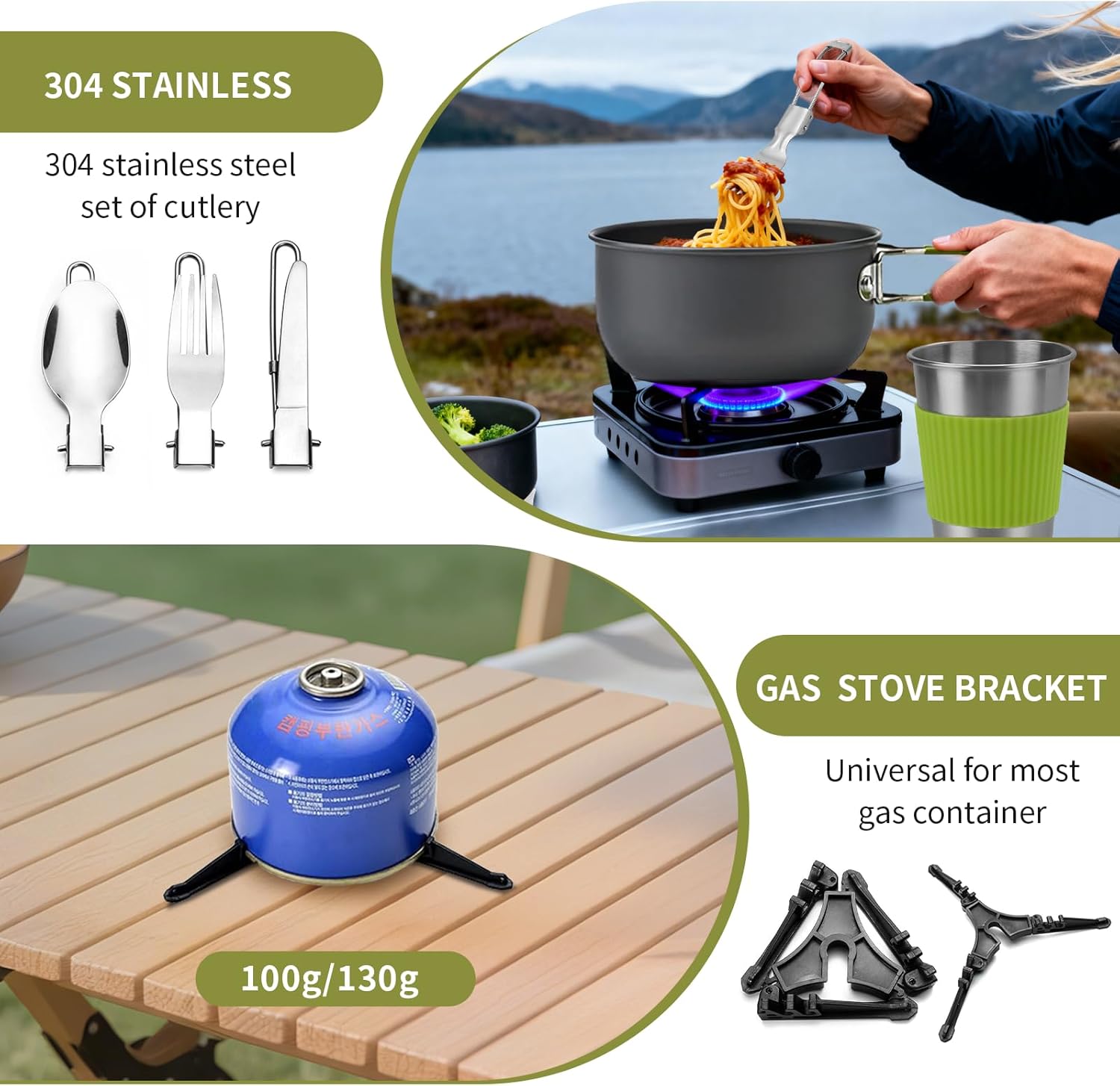 aiGear 8pcs Camping Cookware Mess Kit, Camping Pot and Pan Set with Mini Backpacking Stove, Stainless Steel Cup, Spork and Tank Bracket, Cooking Gear for Hiking Camping Outdoor Picnic