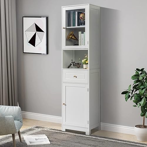 Tall Bathroom Storage Cabinet with Drawer and Cabinet, Skinny Storage Tower with Glass Door and Shelf, Narrow Slim Bathroom Cabinet with Adjustable Shelves, Line Tower for Bathroom, Living Room