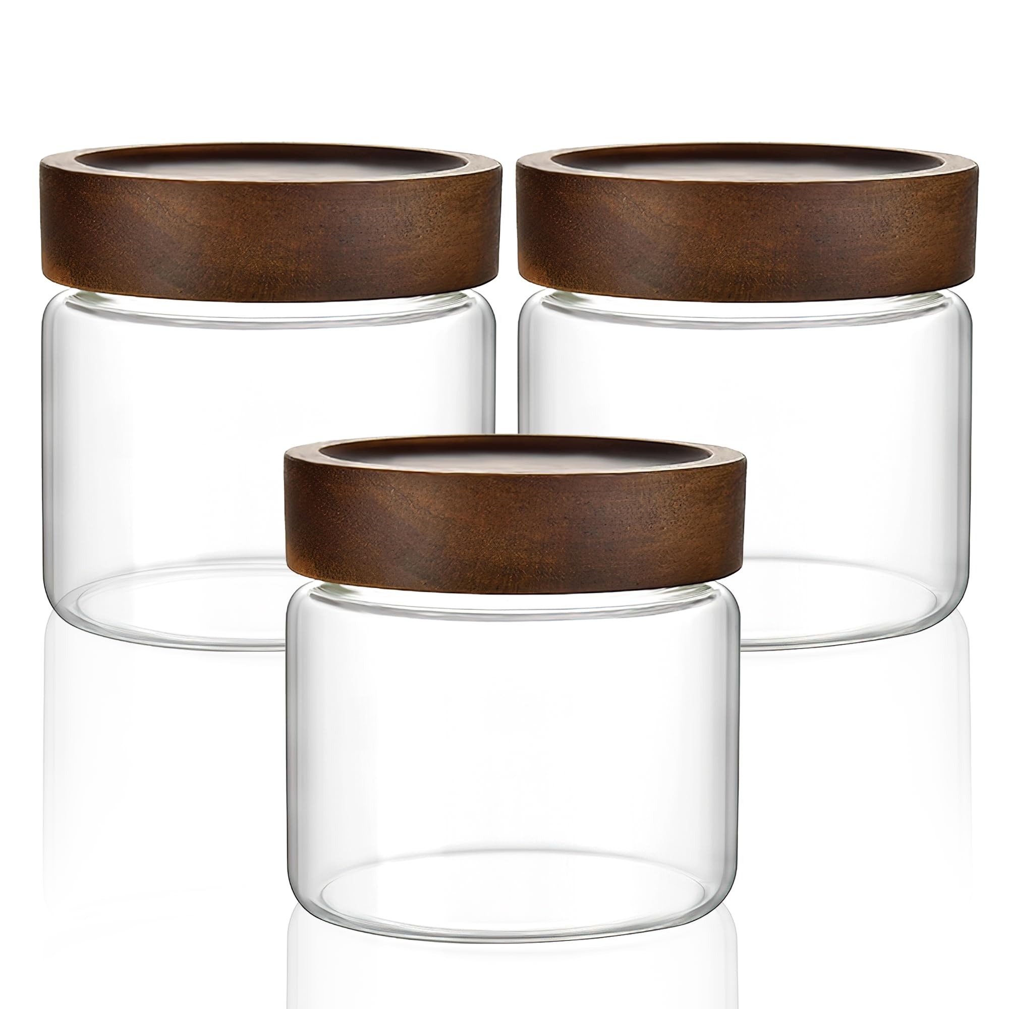 Tarros de almacenamiento de vidrio con tapas de madera, recipientes herméticos transparentes de 500 ml para té, café, azúcar (juego de 3) con tapa de rosca, recipientes de despensa de cocina
