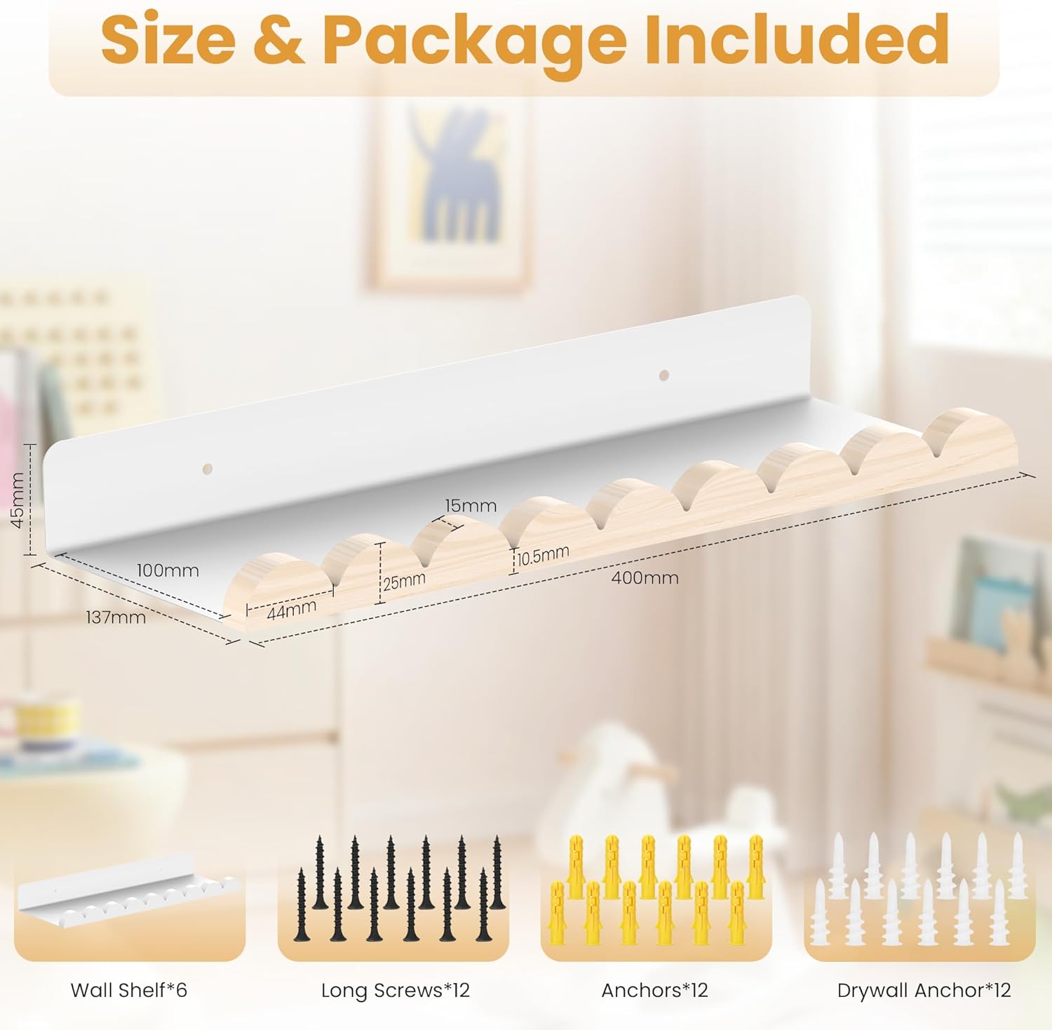 6-Pack Nursery Book Shelves, Scalloped Floating Shelves for Wall Kids, 15.7" Wood Wall Book Shelf for Bedroom Kids, Toddler Room, Baby Room, Nursery Decor,White and Wood