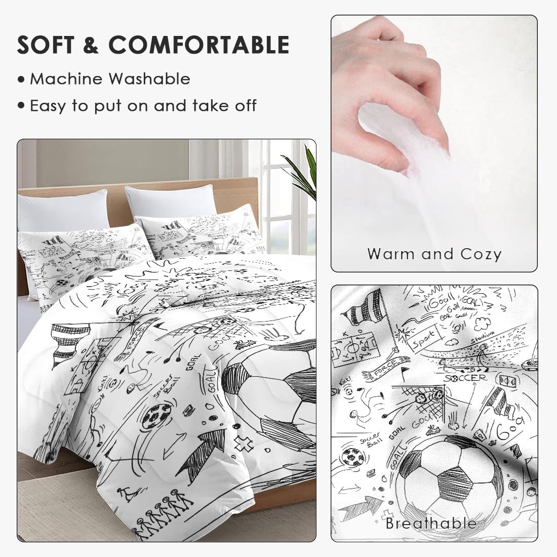 Twin Size Comforter Set with Pillowcase, Game Painting Ball Cup Soccer Soft 2 Pcs Bedding for Kids and Adults Bedroom Bed Decor - Image 5