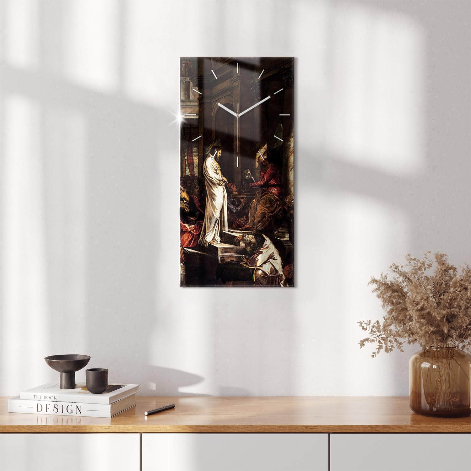 Sacroarte 30x60cm Orologio da parete In vetro Orologio lancette bianche - Gesù e Pilato