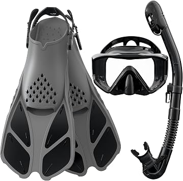 Greatever Snorkeling Gear for Adult 3 Window Snorkel Mask Adult & Snorkel Fins Combo Dry Snorkel Set for Swimming Diving Adjustable Scuba Mask and Flippers for Snorkeling Black-L-Black