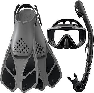 Greatever Snorkeling Gear for Adult 3 Window Snorkel Mask Adult & Snorkel Fins Combo Dry Snorkel Set for Swimming Diving Adjustable Scuba Mask and Flippers for Snorkeling (Black-S-Black)