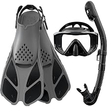Greatever Snorkeling Gear for Adult 3 Window Snorkel Mask Adult & Snorkel Fins Combo Dry Snorkel Set for Swimming Diving Adjustable Scuba Mask and Flippers for Snorkeling Black-S-Black