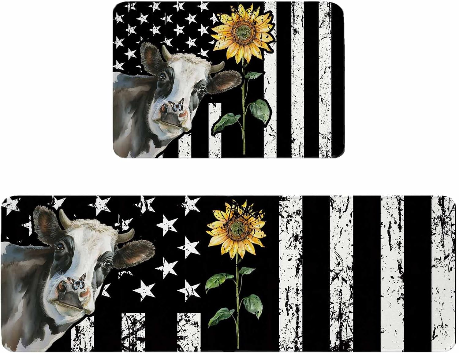 Vintage American Flag Kitchen Rugs and Mats Set of 2, Non-Slip Kitchen Sink Mat, Farmhouse Cow Sunflowers Washable Doormat Bathroom Rugs Runner for Bedroom/Living Room 17.7"x30"+17.7"x59"
