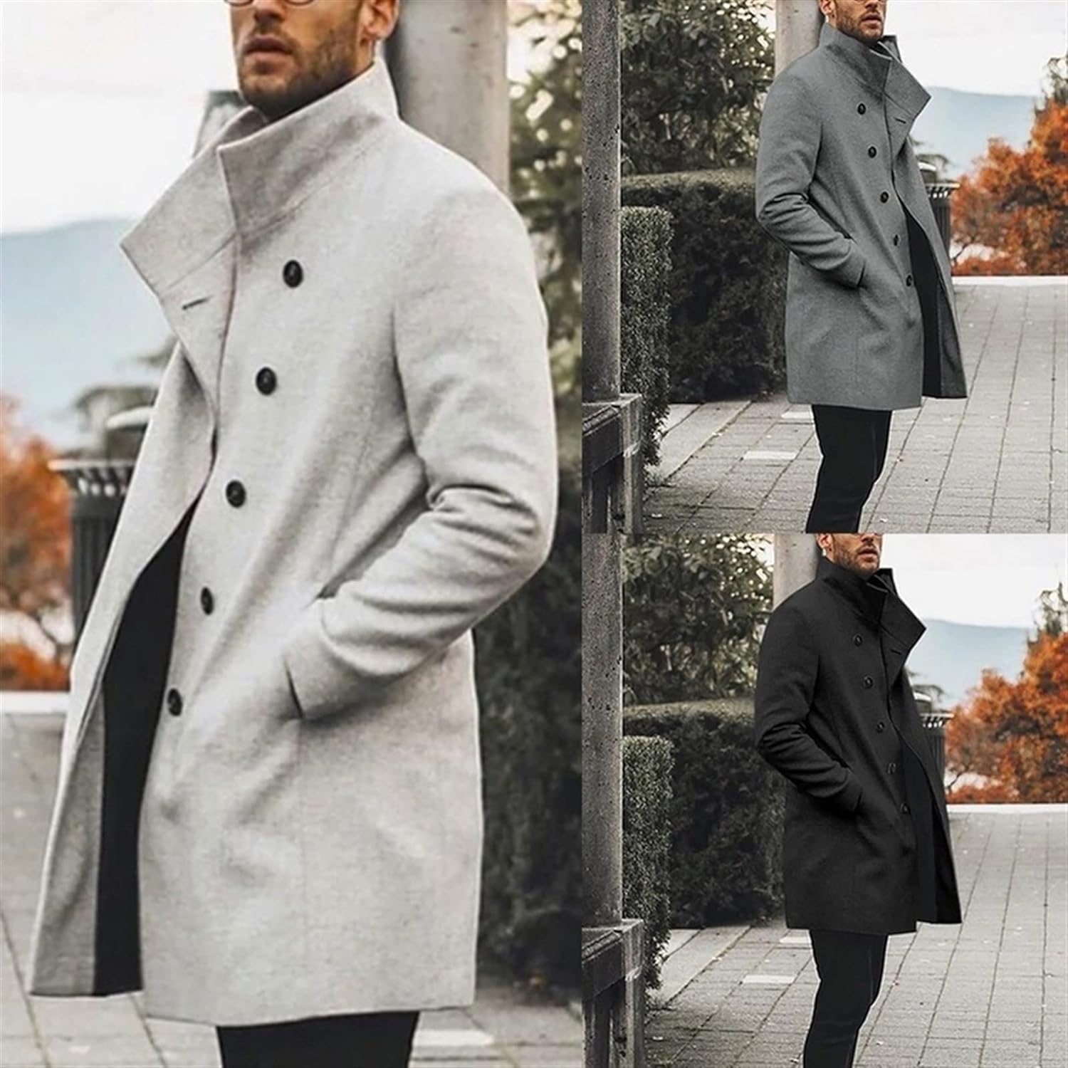 BIVENANT Mens Plaid Trench Coat Vintage Graphic Mid Long Jacket Coats Lapel Single Breasted Wool Blend Color Block Overcoat