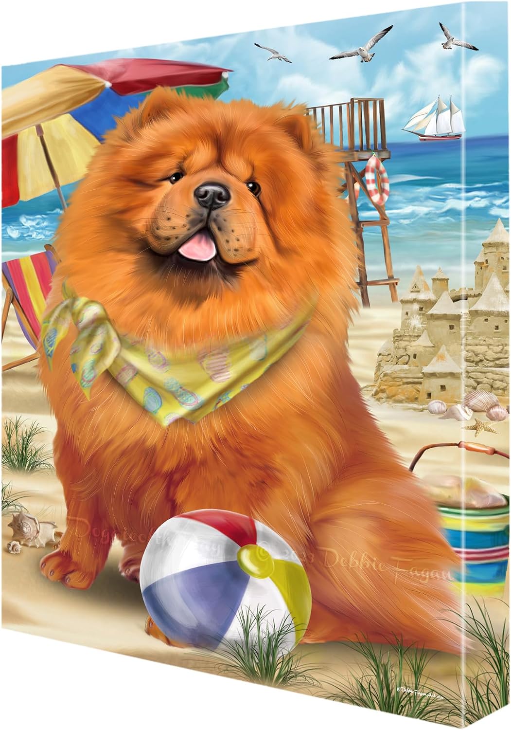 Pet Beach with Chow Chow Dogs Canvas Wall Art - Premium Quality Ready to Hang Room Decor - Black Floating Framed 16" x 24"