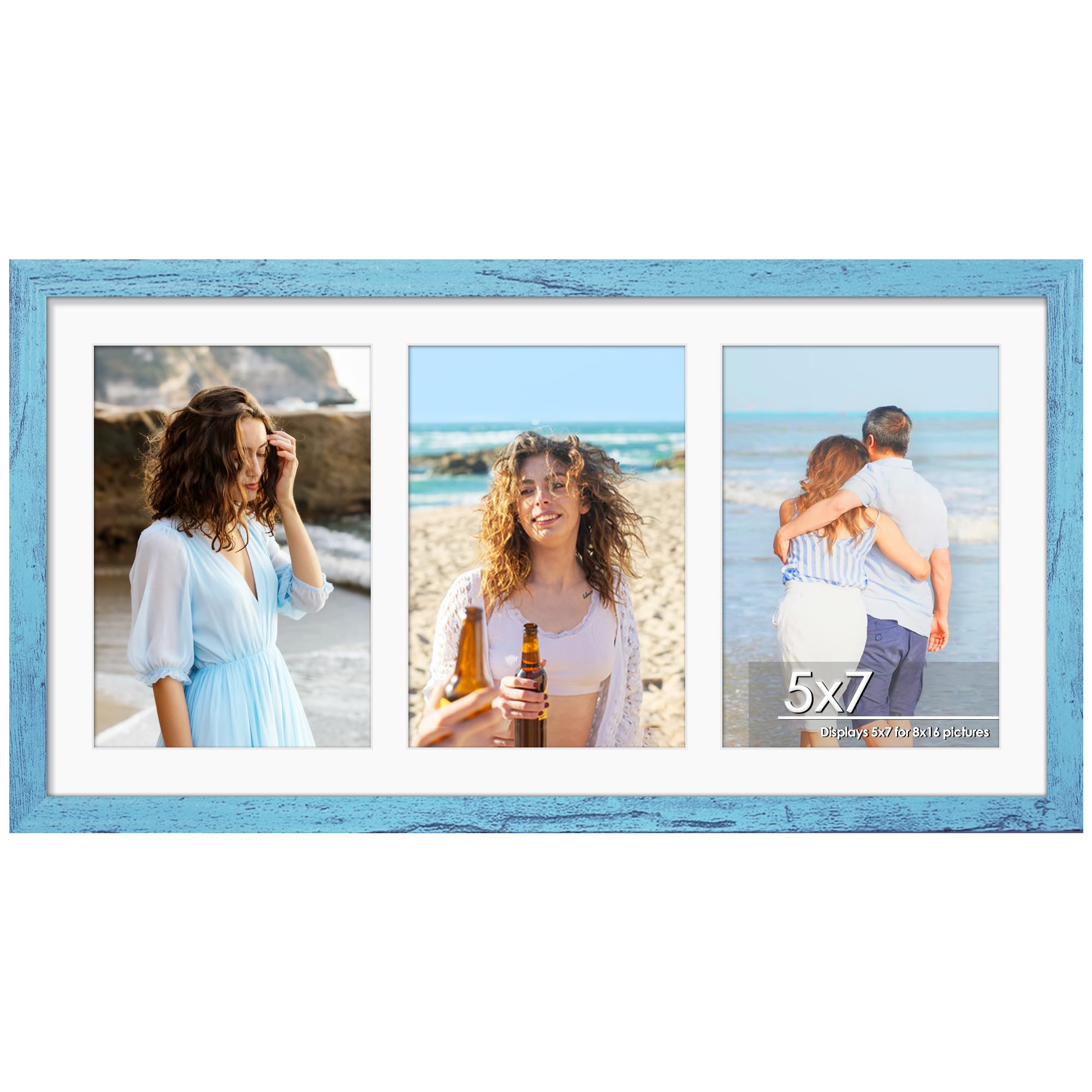 DUENPY 8x16 Collage Picture Frame 5x7 Collage Picture Frame Displays Three 5x7 inch Photos or 8x16 (Without Mat) for Available Horizontal Wall Mounting Display and Vertical Blue