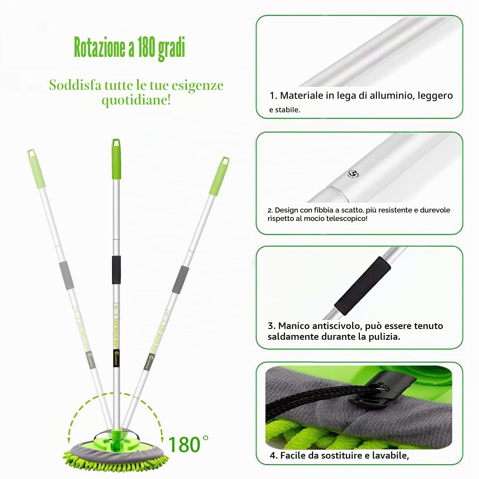 160cm Spazzola di Pulizia per Lavaggio Auto con Manico Lungo, 2 in 1 Microfibra Spazzolone per Autolavaggio Guanto Kit per Auto Camper Camion SUV, Non Danneggia Vernice (2 x Teste per Mocio)