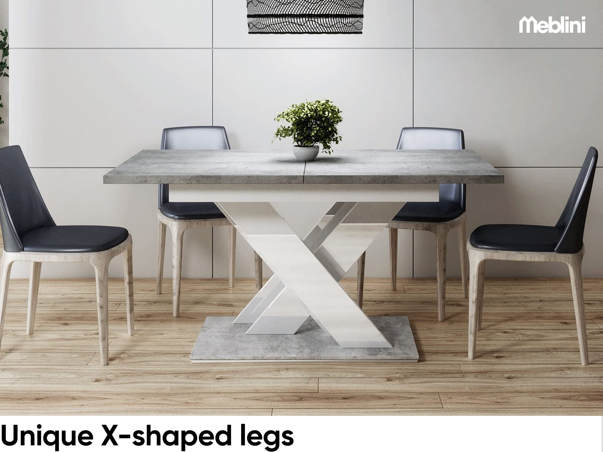 MEBLINI Esstisch Ausziehbar - Esszimmertisch Modern - Küchentisch - Säulentisch - Ausziehtisch - Dining Table - Esszimmertische - 140-180x80x75cm - Bronx - Betonoptik/Weiß Hochglanz
