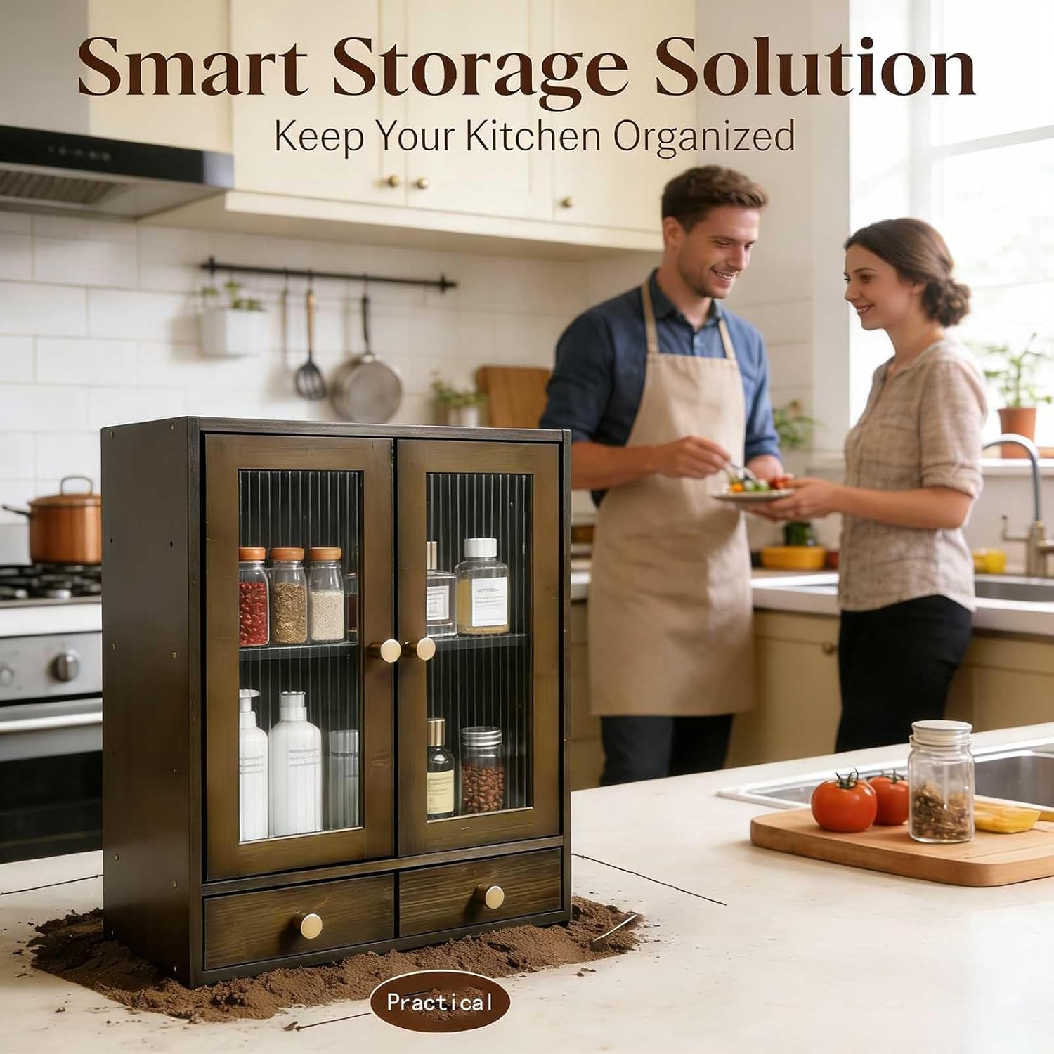 with Magnetic Door Countertop Cabinet，Storage Cabinet, Sideboard，Nanzhu Organizer for Kitchen Living Room Bedroom Bathroom Office with a drawer14.6x6.7x18.1(Brown