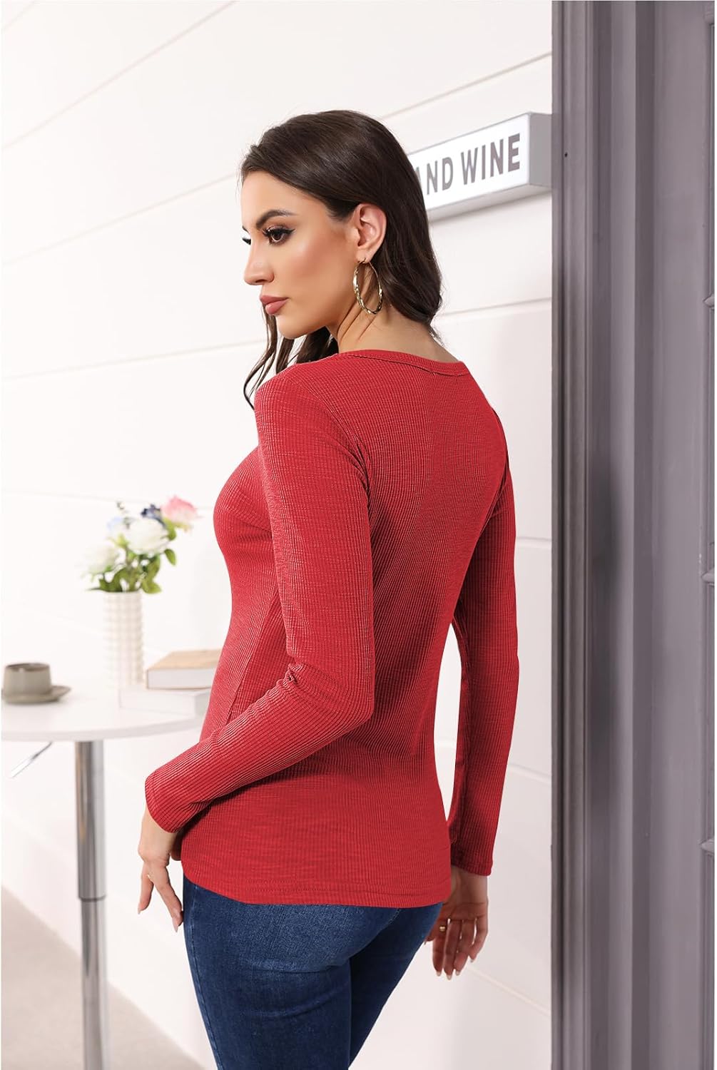 Poetsky Women's Casual V Neck Criss Cross Shirts Long Sleeve Tunic Tops Ribbed Knit Slim Fitted Tee - Image 4