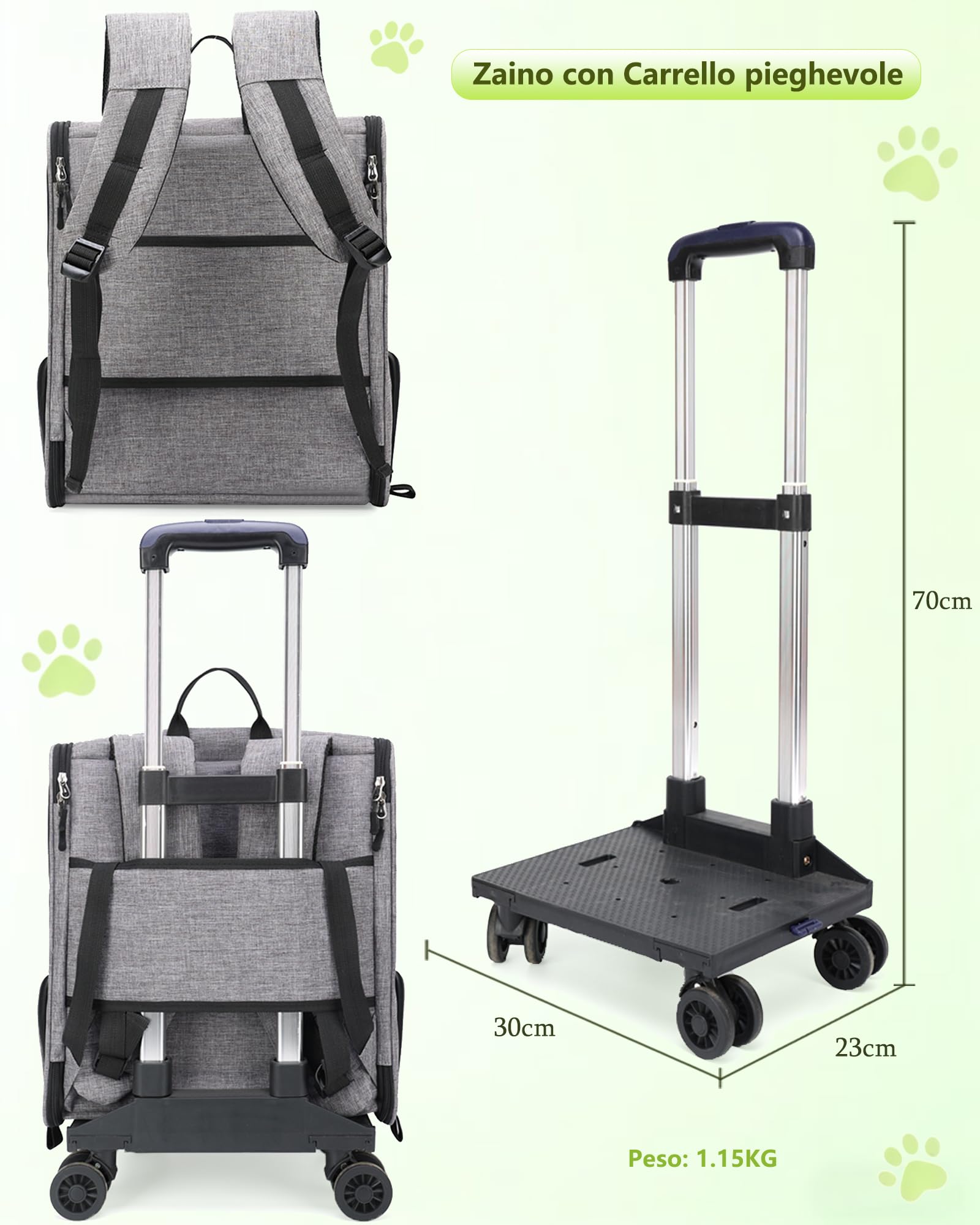 Trasportino Gatto con Ruote Pieghevole Portatile per Cani Piccoli Gatti Medi Grigio