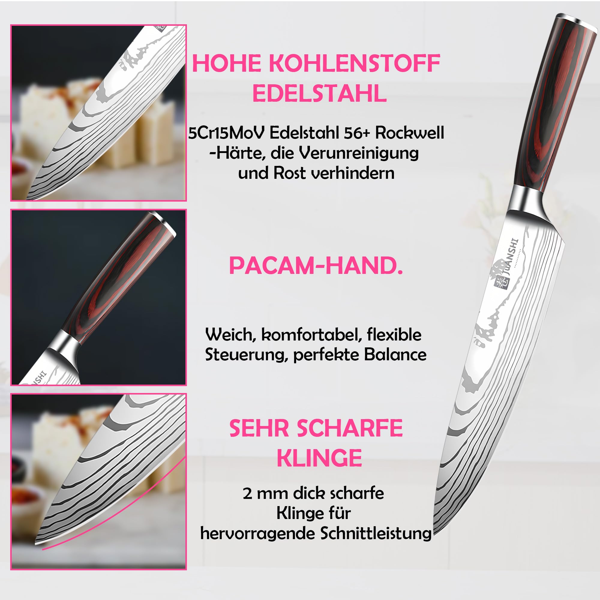 JUANSHI® 4-częściowy zestaw noży – profesjonalny zestaw noży kuchennych z wysokiej jakości stali nierdzewnej, ostre ostrza, w tym Santoku, nóż kuchenny, nóż do chleba i nóż uniwersalny, idealny