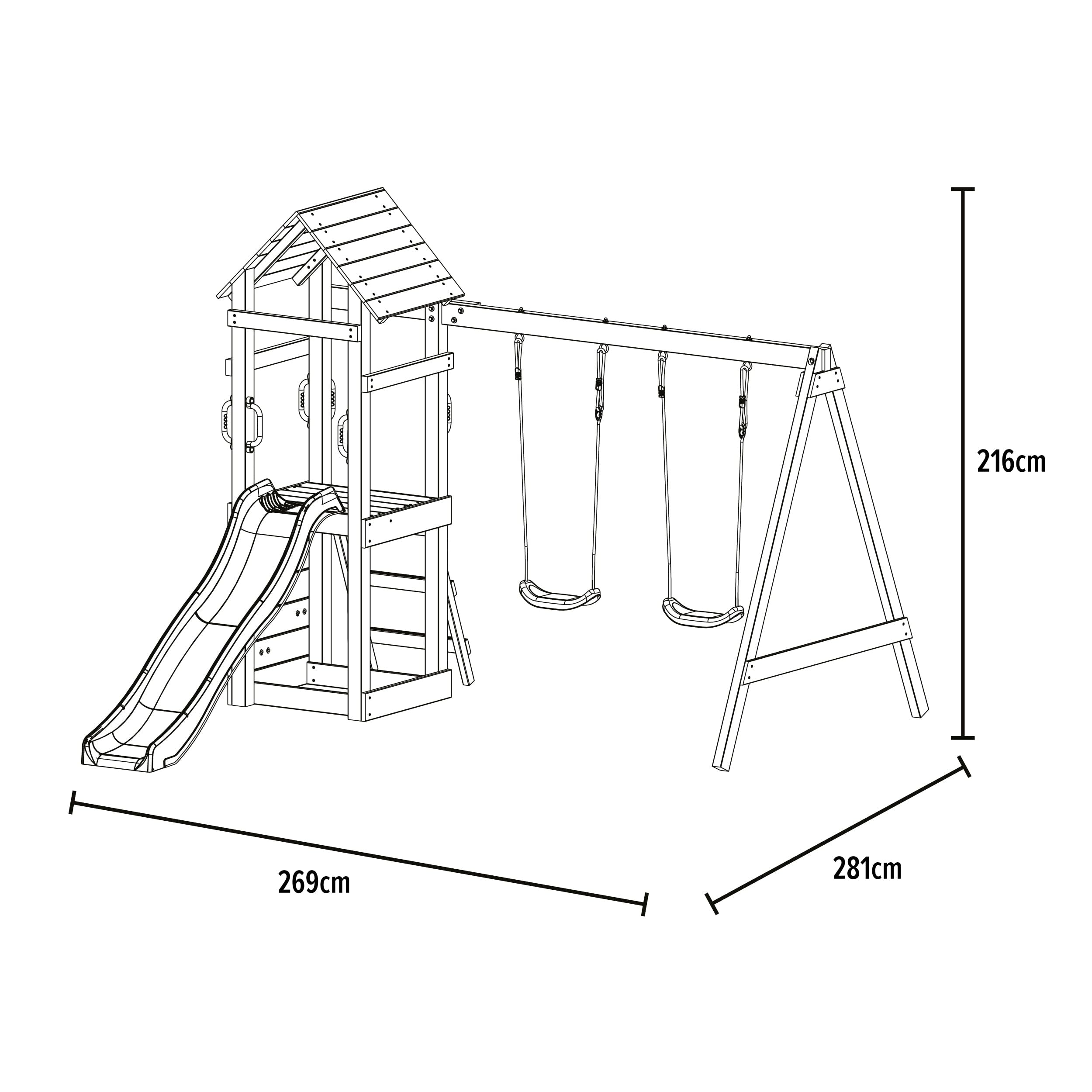 Aire de Jeux GESSETTE avec Toit - Plateforme - échelle - Mur d'escalade - 2 balançoires - Toboggan h210 cm