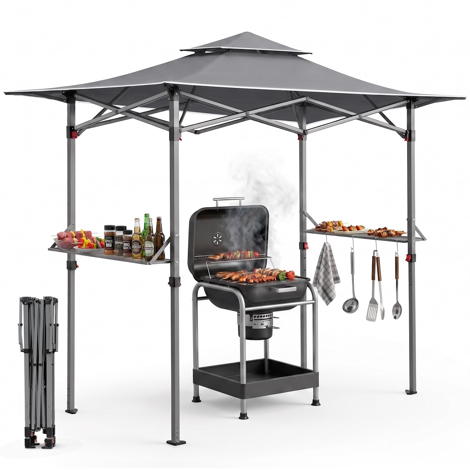 Sekey Grill Pavillon 2.45 x 1.50m, Wasserdicht Gartenlauben Gartenzelt Partyzelt für Garten/Partys/Picknick/BBQ´s, UV-Schutz 50+, Grau