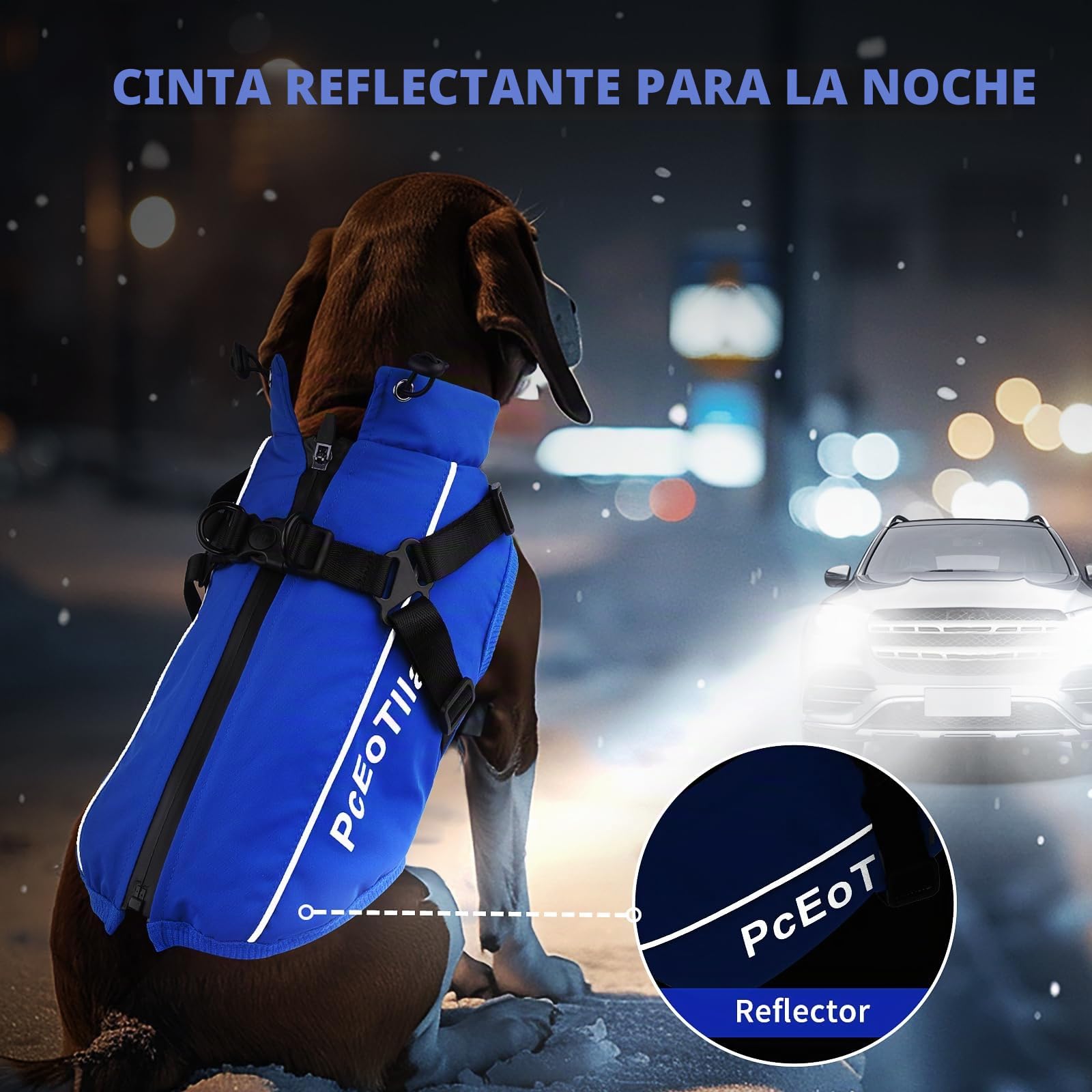 PcEoTllar Abrigo Impermeable para Perros pequeños, Chaqueta Reflectante cálida con arnés para Invierno, Disfraz de esquí, suéter de algodón para Perro, Azul, S