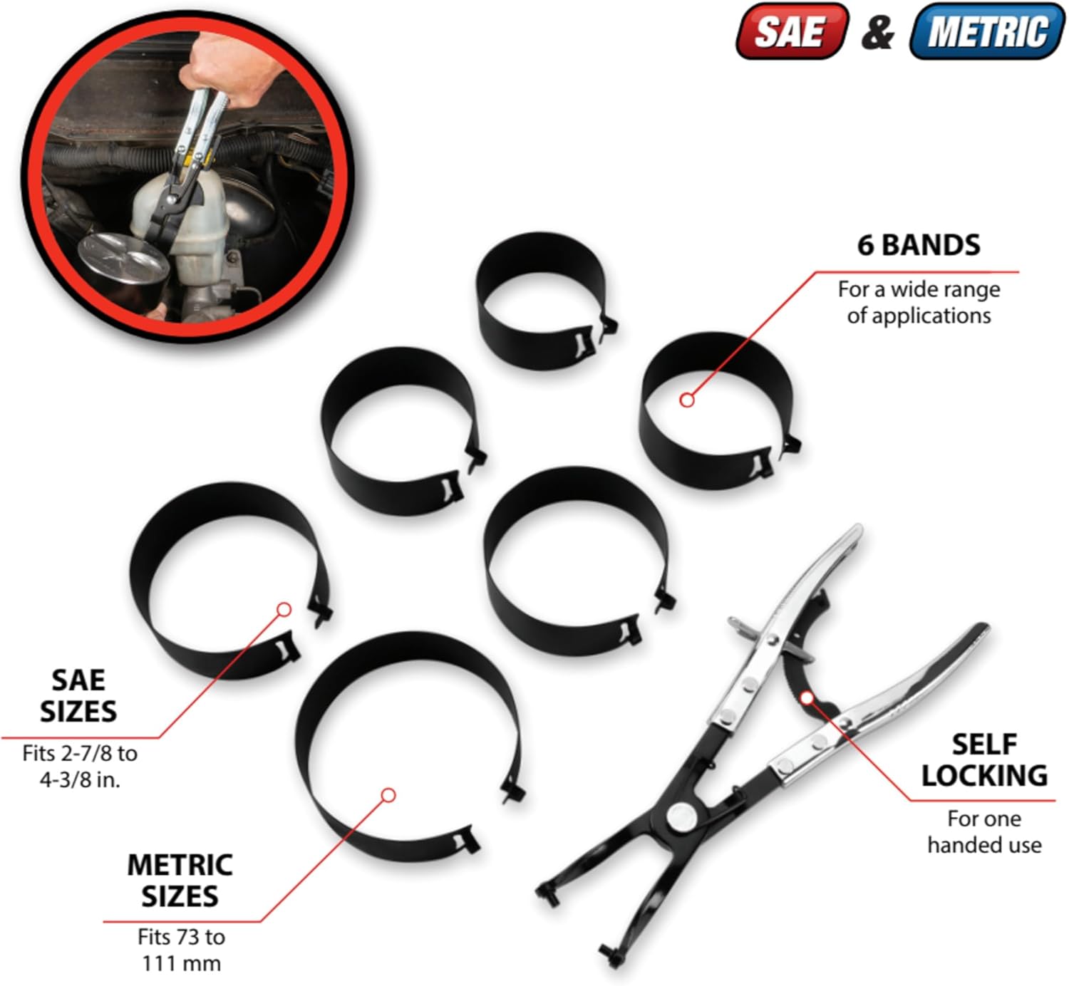 Performance Tool W89410 Piston Ring Compressor Set - Easy Installation of Piston Rings for Most Cars and Trucks - SAE and Metric - 12 Sizes Included