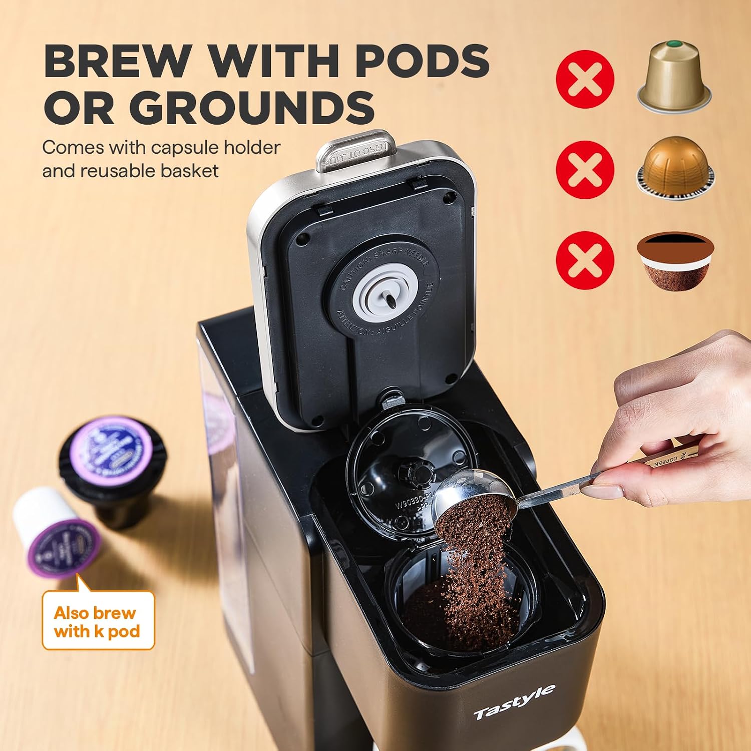 Cafetera Tastyle: Cafe Caliente o Frio, K-Cup y Molido, Compacta, Tanque 40oz 4