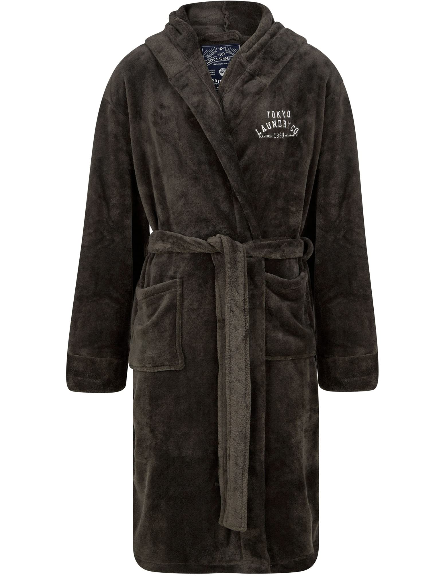 Tokyo Laundry Men's Dark Grey Kirkway Soft Fleece Hooded Dressing Gown With Tie Belt In – - L