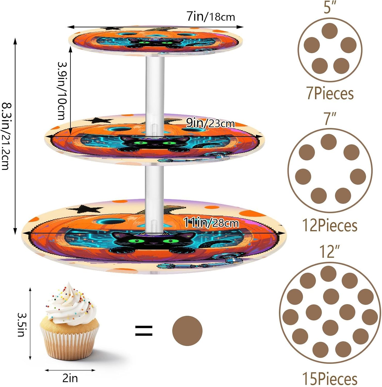 Pumpkin Robot Cat Halloween 3 Tier Acrylic Cupcake Stand, Cupcake Stand for 34 Cupcakes for Weddings, Christmas,Holidays,Parties,Birthday,Printed Cupcake Tower 23300610