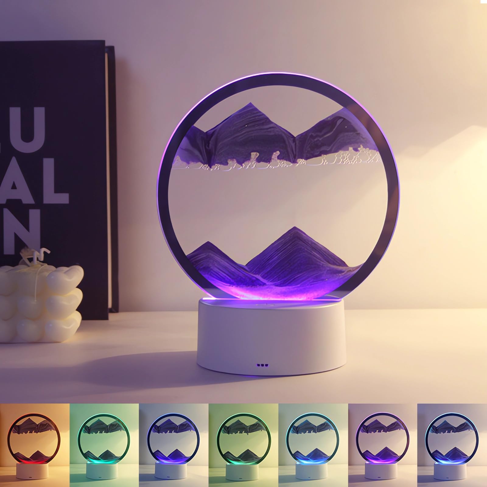Lámpara de arena Sunwuun para girar con luz LED, imagen de arena, Sandscape - arte de la arena en aguas profundas, arte de la arena en movimiento, lámpara de mesa 3D con arte de arena móvil, pintura
