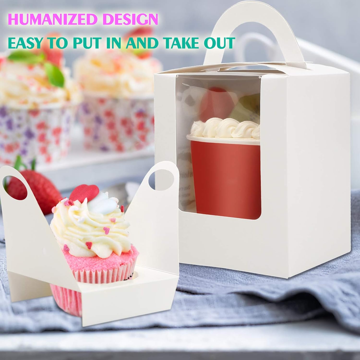 Suреr Dеаl Prоduсt 80 Pcs Individual Cupcakes Boxes, Farielyn-X Portable Single White Paper Cupcake Holder Containers Carrier, White Muffin Gift Boxes with Window Inserts Handle, for Wedding Birthday Party Candy Boxes