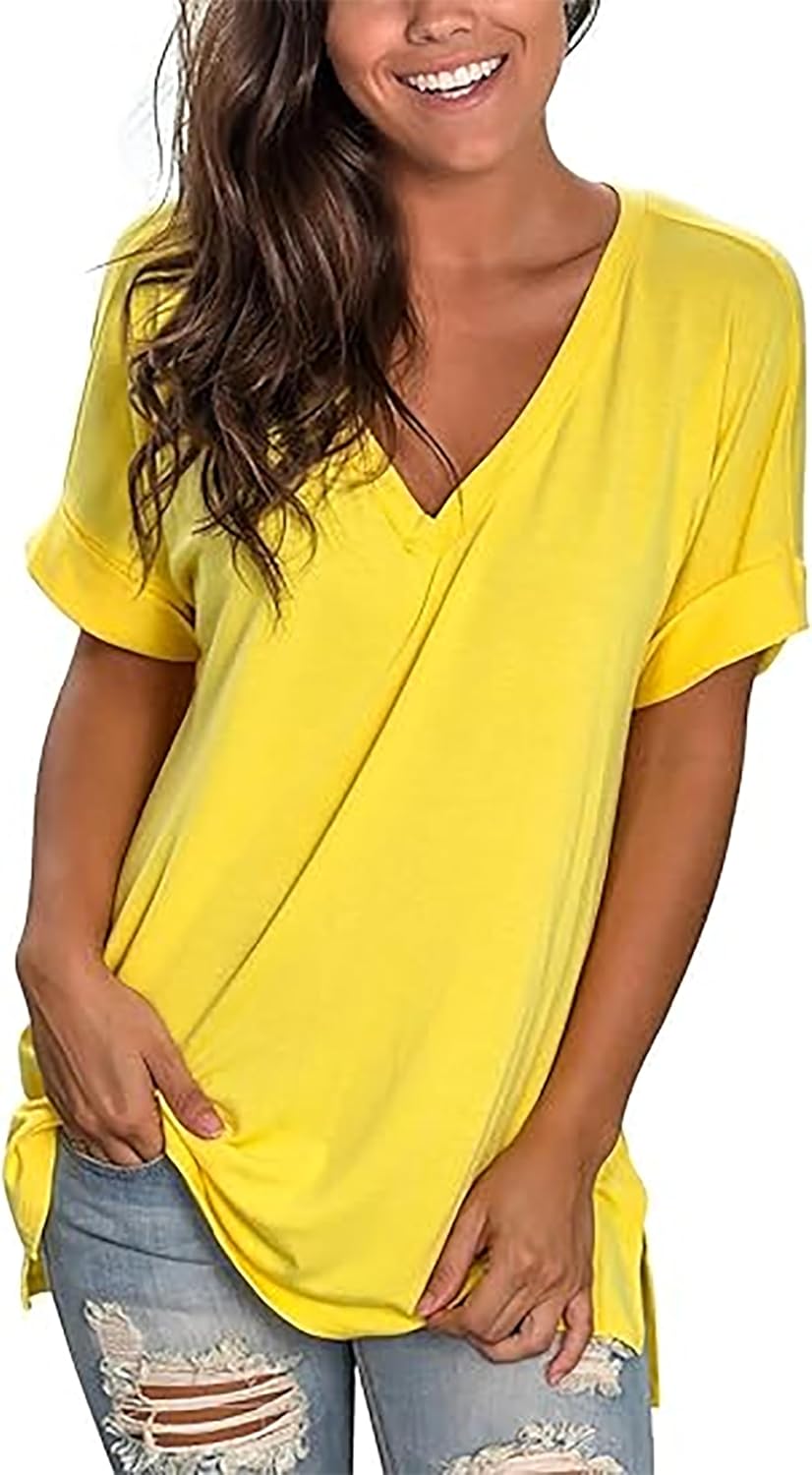 Sampeel Women's V Neck T Shirts Casual Rolled Short Sleeve Side Split Summer Tops Loose Fit image 2