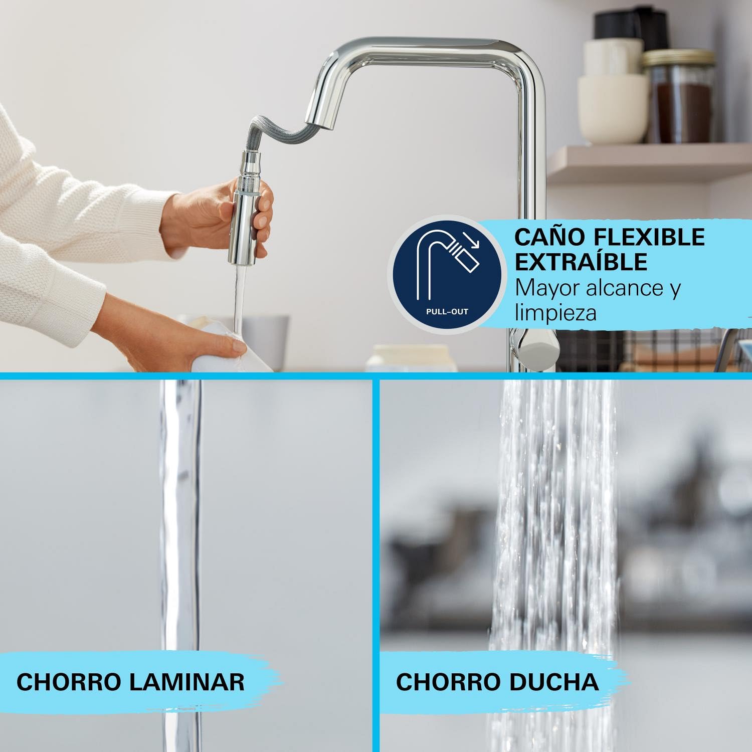 Grohe StartEdge QuickFix - Grifo monomando de cocina extraíble, Caño alto, Cromo, ref. 30551000
