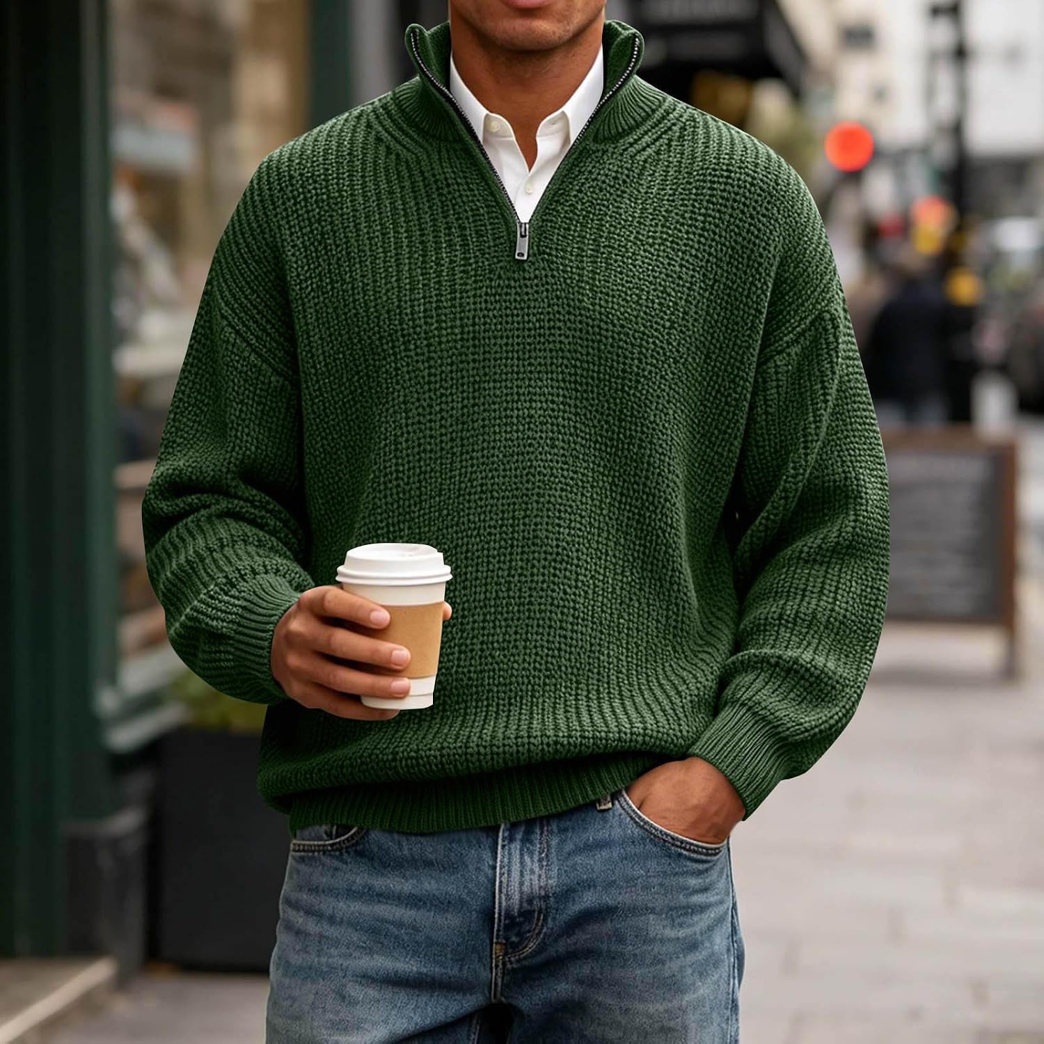 Mens Waffle Knit Quarter Zip Sweater Long Sleeve Stand Collar Loose Fit Shirt Fall Winter Comfy Casual Pullover Top