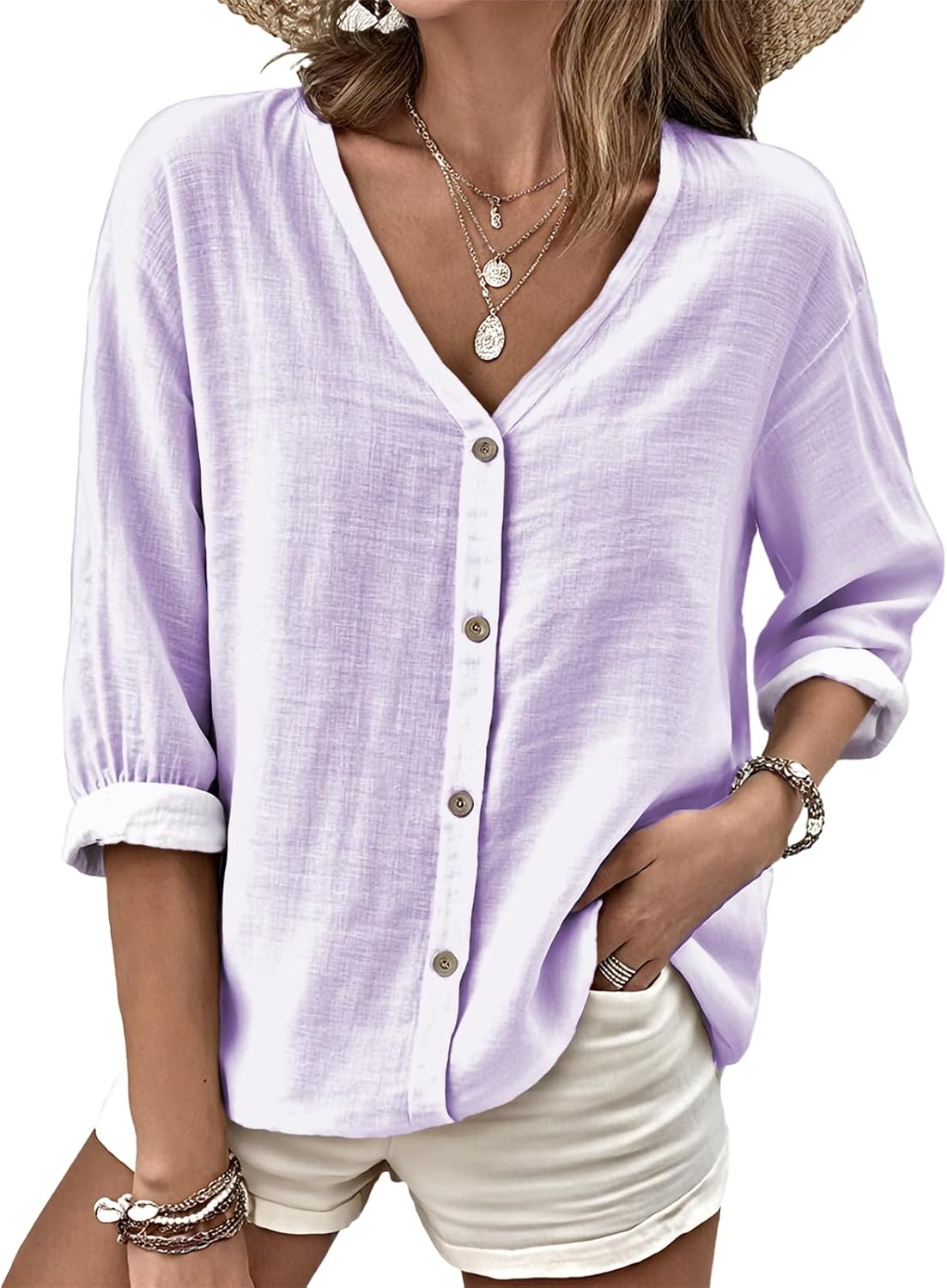 Long Sleeve Button Up Shirts for Women Brethable Fashion V Neck Solid Shirts for Wo...